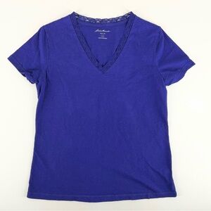 Eddie Bauer Women's Lace‎ Trim V-Neck Cotton Tee — Royal Blue Size Large